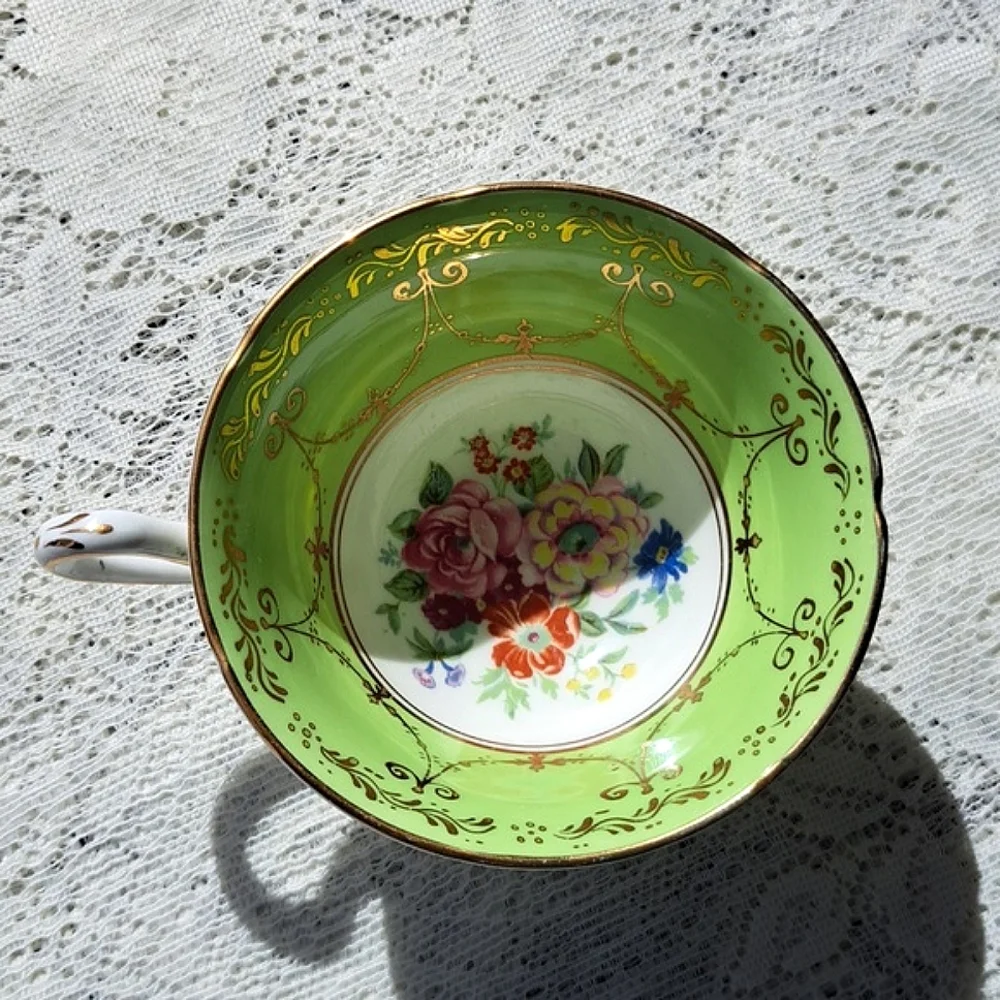 Vintage Grosvenor Jackson & Gosling Bone China Teacup Saucer Green Gold Floral